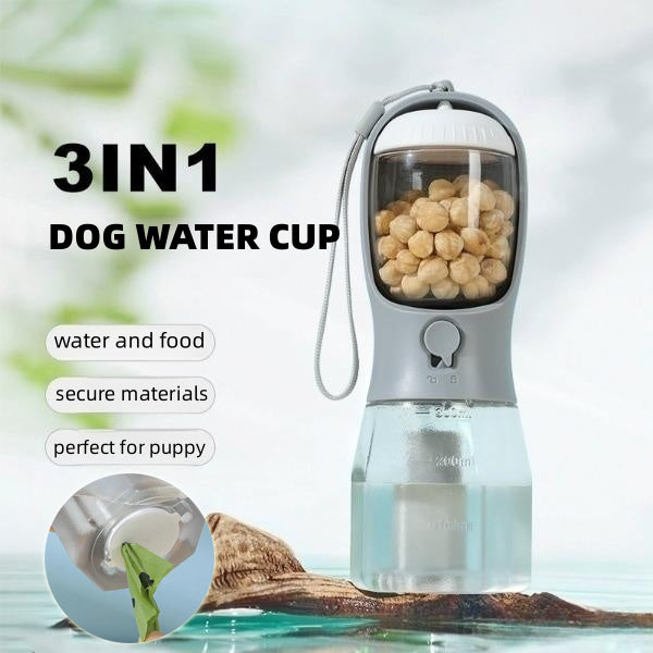 3-in-1 Dog Water & Food Cup with Garbage Bag – Portable Pet Supply