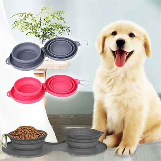Rubber Foldable Double Pet Bowl – Travel & Home Dog Cat Feeding Bowl, Collapsible Food & Water Dish, Portable, Non-Slip, BPA-Free